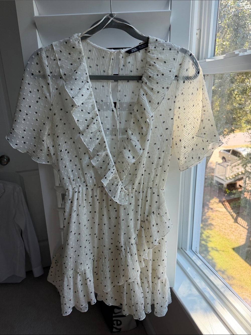 Zara Cream Ruffle Polka Dot Wrap-Style Blouse